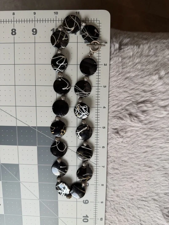 Black Silver and Gold Disc Choker Statement 16” Necklace with Toggle Closure - Picture 6 of 9